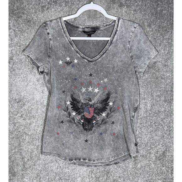 Rock & Republic Rhinestone American Eagle Womens Size XS Acid Wash VNeck T-Shirt - Picture 1 of 7